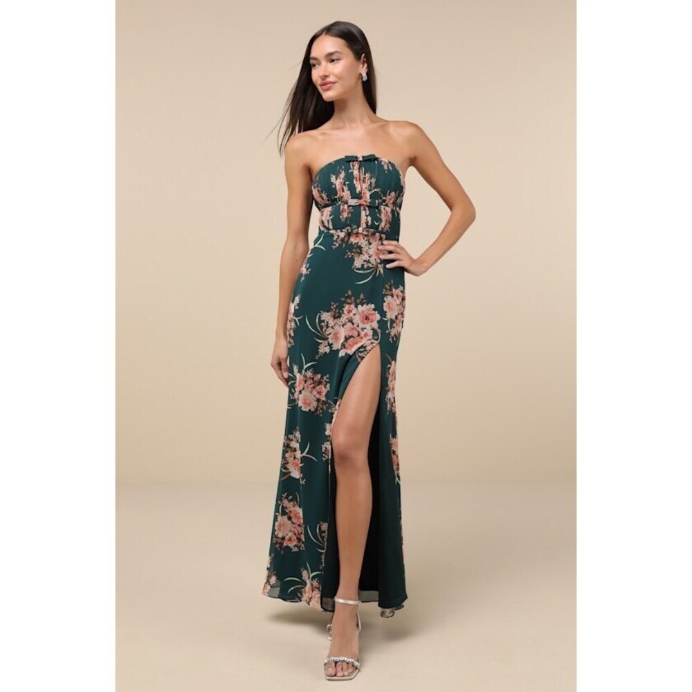 Lulus Enchanting Garden Emerald Floral Cutout Bow Strapless Maxi Dress Green